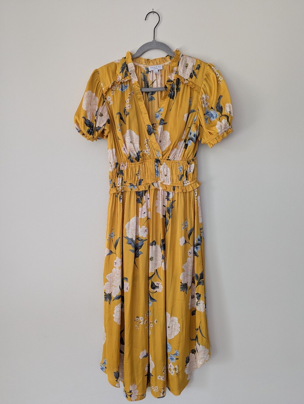 Anthropologie Current Air Marigold Smocked Floral Short Sleeve Maxi Dress - Picture 4 of 12